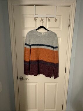 Roxy Cozy Striped Crewneck Sweater in Light Gray, Orange & Burgundy